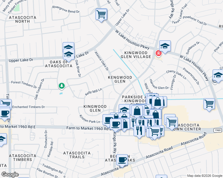map of restaurants, bars, coffee shops, grocery stores, and more near 19326 Timber Tree Court in Humble