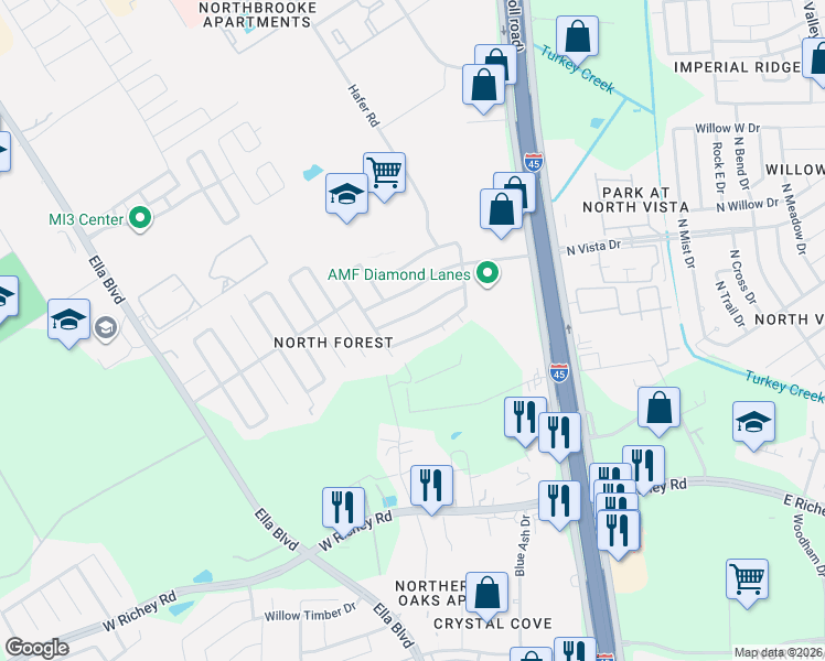 map of restaurants, bars, coffee shops, grocery stores, and more near 419 Mistywood Drive in Houston