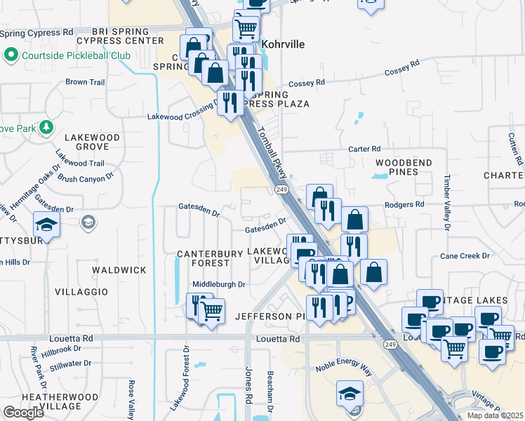 map of restaurants, bars, coffee shops, grocery stores, and more near 11000 Gatesden Drive in Tomball