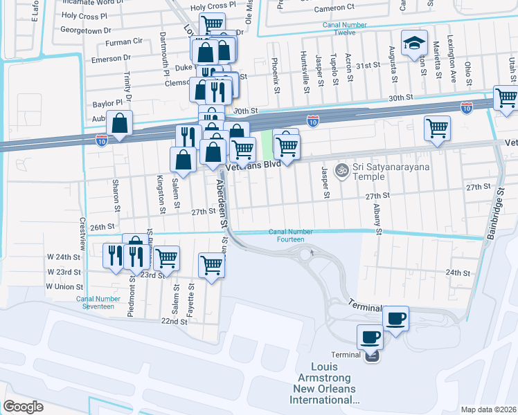 map of restaurants, bars, coffee shops, grocery stores, and more near 2622 Bessemer Street in Kenner