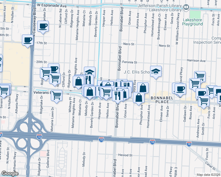 map of restaurants, bars, coffee shops, grocery stores, and more near 825 Helios Avenue in Metairie