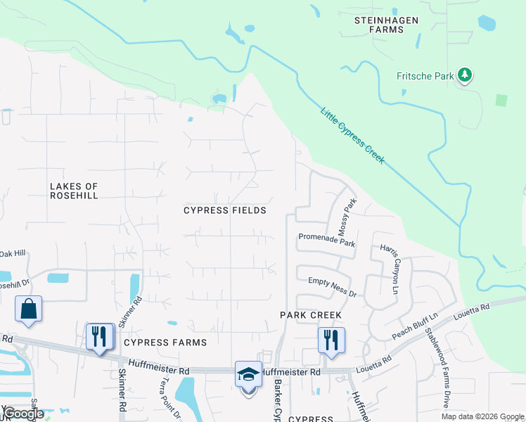 map of restaurants, bars, coffee shops, grocery stores, and more near 17011 Cypress Knee Drive in Cypress