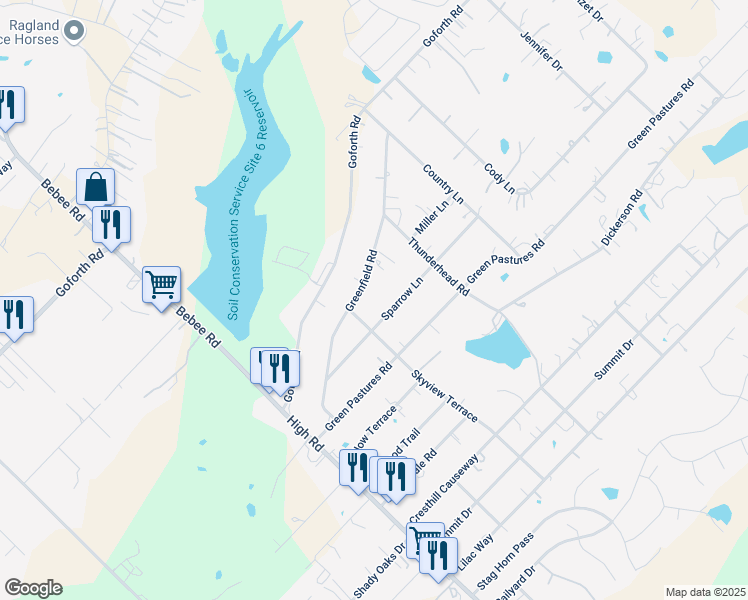 map of restaurants, bars, coffee shops, grocery stores, and more near 221 Greenfield Road in Kyle