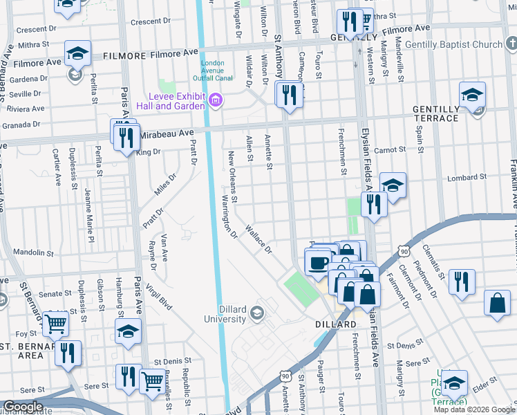 map of restaurants, bars, coffee shops, grocery stores, and more near 1919 Stephen Girard Street in New Orleans