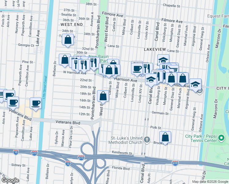 map of restaurants, bars, coffee shops, grocery stores, and more near 302 French Street in New Orleans