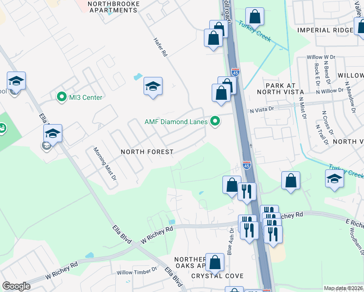 map of restaurants, bars, coffee shops, grocery stores, and more near 419 Mistywood Drive in Houston