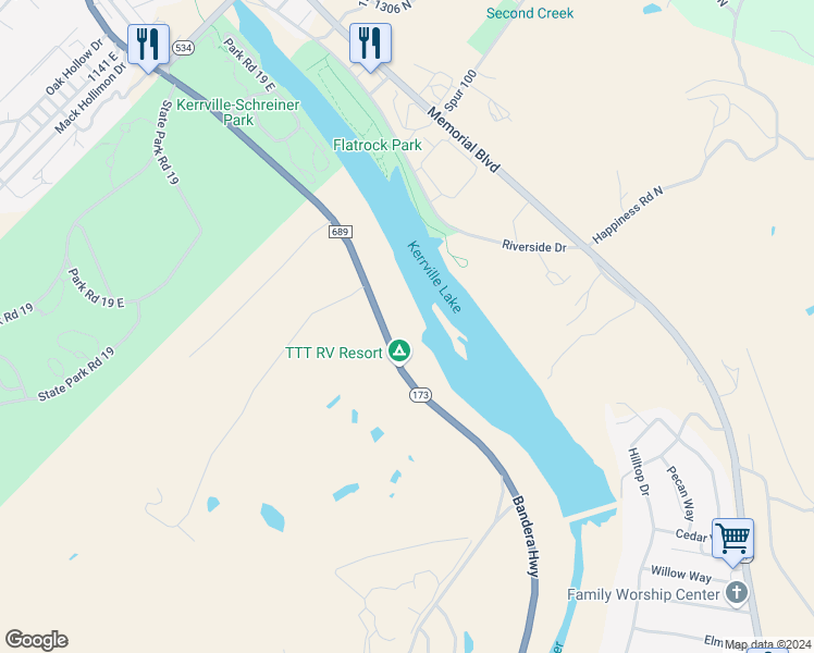 map of restaurants, bars, coffee shops, grocery stores, and more near 2745 Bandera Highway in Kerrville