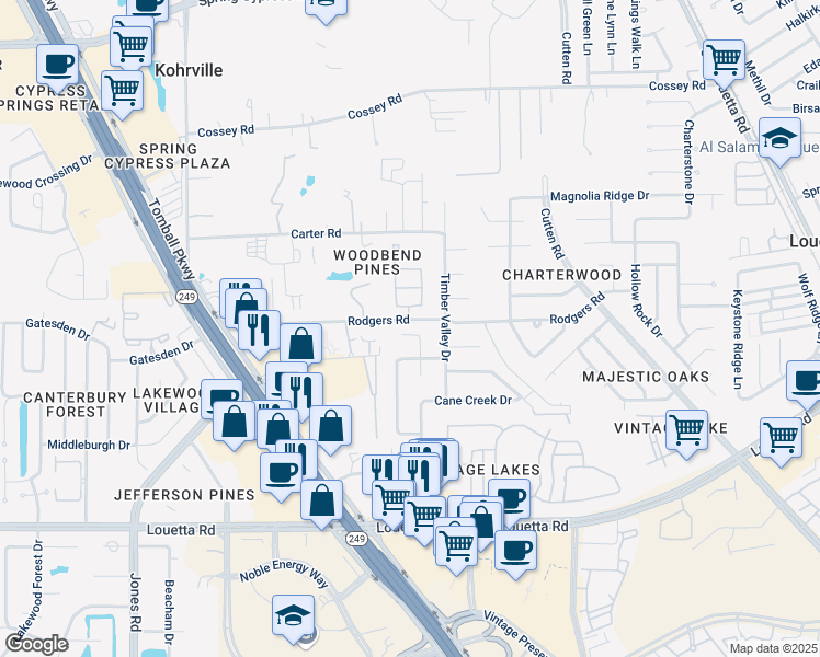 map of restaurants, bars, coffee shops, grocery stores, and more near 10114 Grassy Cove Drive in Houston