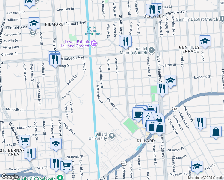 map of restaurants, bars, coffee shops, grocery stores, and more near 1919 Stephen Girard Street in New Orleans