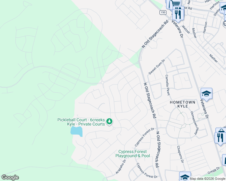 map of restaurants, bars, coffee shops, grocery stores, and more near 275 Coyote Creek Way in Kyle