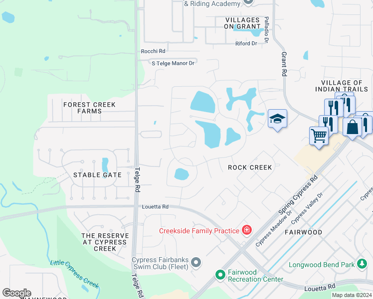 map of restaurants, bars, coffee shops, grocery stores, and more near 15711 Uvalde Springs Lane in Cypress