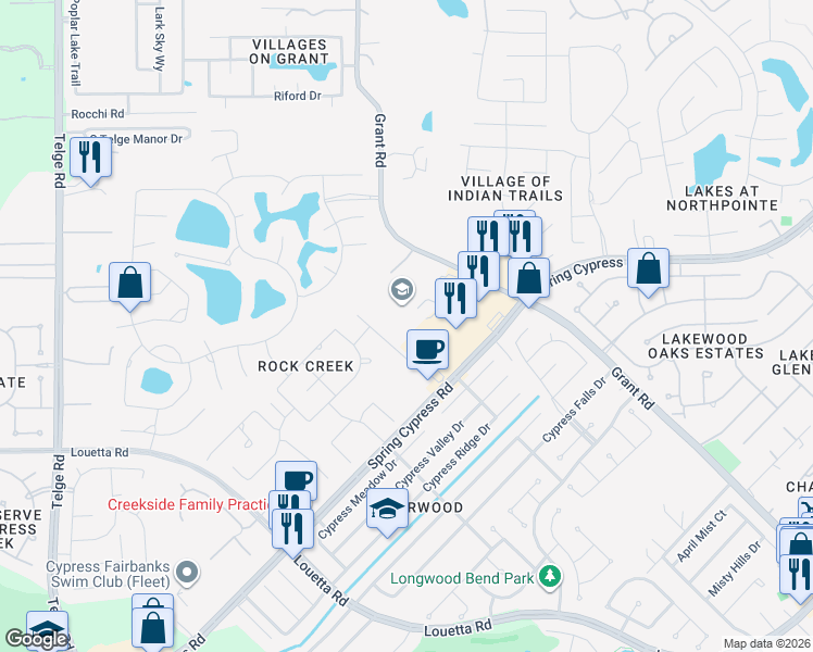 map of restaurants, bars, coffee shops, grocery stores, and more near 14155 Grant Road in Cypress