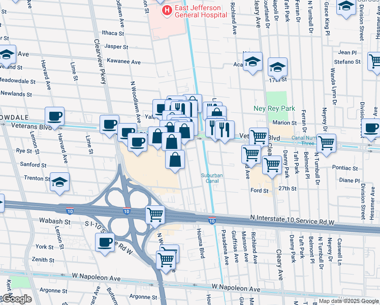 map of restaurants, bars, coffee shops, grocery stores, and more near 3106 Independence Street in Metairie