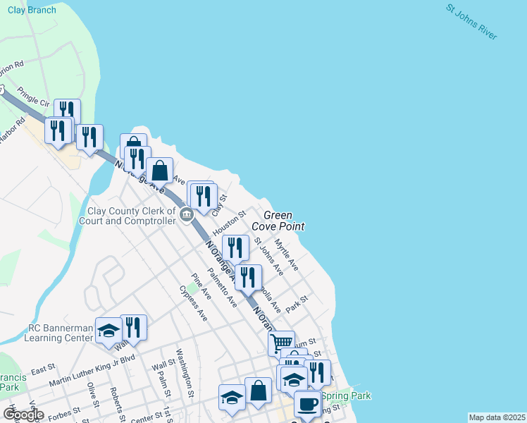map of restaurants, bars, coffee shops, grocery stores, and more near 1 Hammock Lane in Green Cove Springs