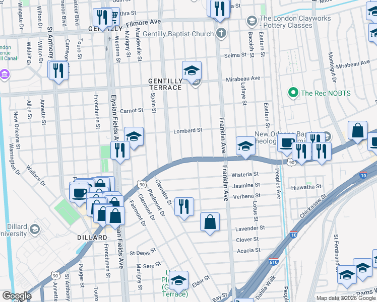 map of restaurants, bars, coffee shops, grocery stores, and more near 3525 Gentilly Boulevard in New Orleans