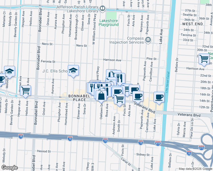 map of restaurants, bars, coffee shops, grocery stores, and more near 732 Rosa Avenue in Metairie