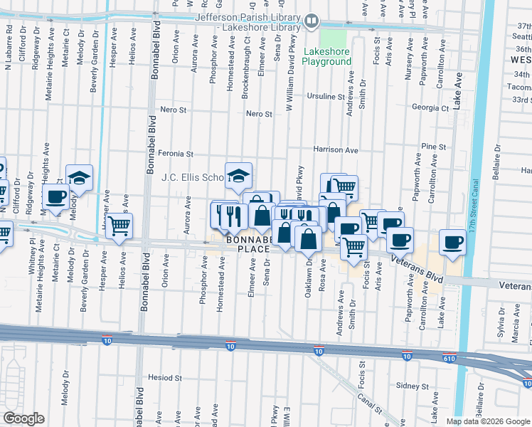 map of restaurants, bars, coffee shops, grocery stores, and more near 716 Sena Drive in Metairie