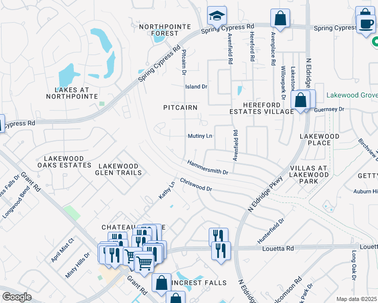 map of restaurants, bars, coffee shops, grocery stores, and more near 16306 Hammerwood Court in Tomball