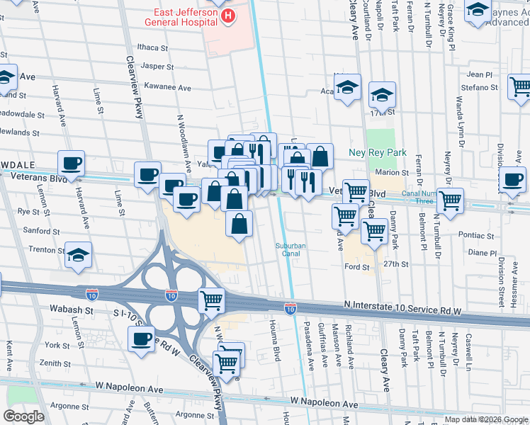 map of restaurants, bars, coffee shops, grocery stores, and more near 3106 Independence Street in Metairie