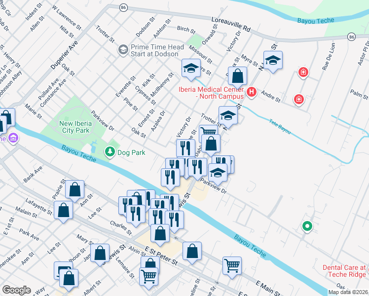map of restaurants, bars, coffee shops, grocery stores, and more near 205 Wayne Street in New Iberia