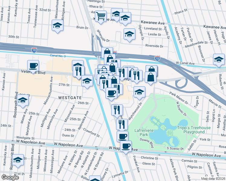 map of restaurants, bars, coffee shops, grocery stores, and more near 7044 Veterans Boulevard in Metairie