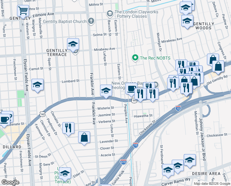 map of restaurants, bars, coffee shops, grocery stores, and more near 3863 Gentilly Boulevard in New Orleans