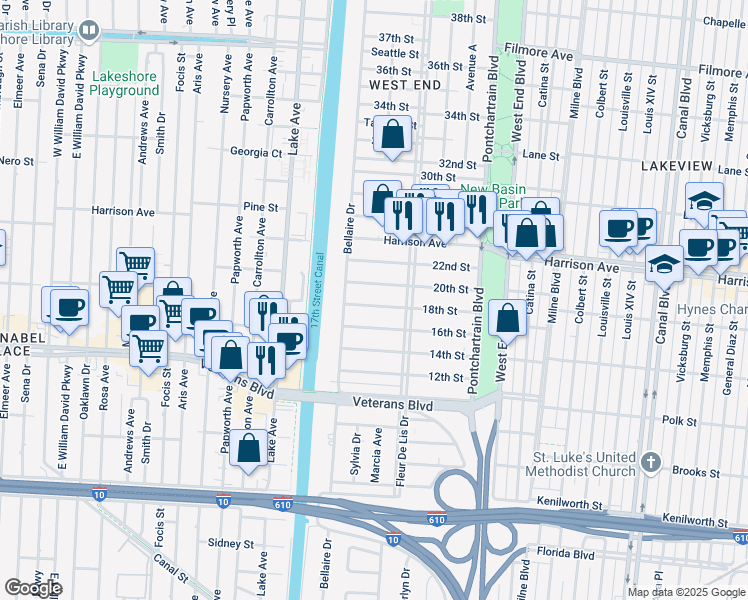 map of restaurants, bars, coffee shops, grocery stores, and more near 332 18th Street in New Orleans