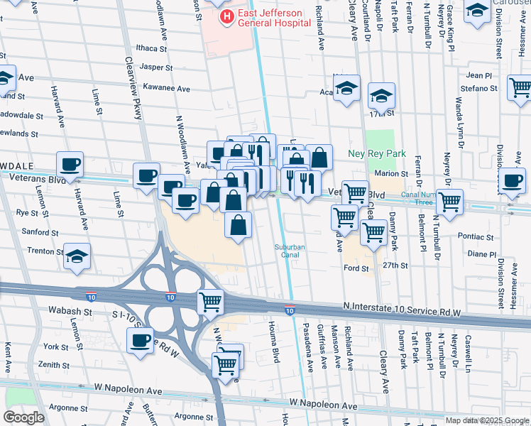 map of restaurants, bars, coffee shops, grocery stores, and more near 3106 Independence Street in Metairie