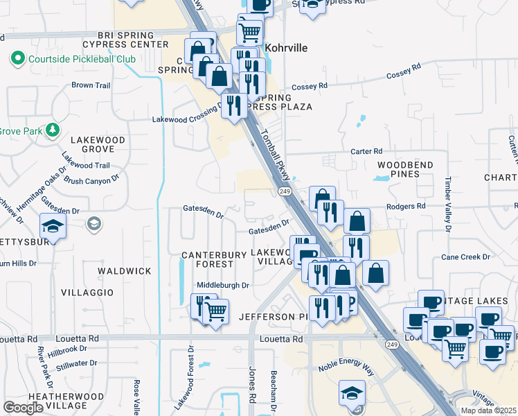 map of restaurants, bars, coffee shops, grocery stores, and more near 11000 Gatesden Drive in Tomball