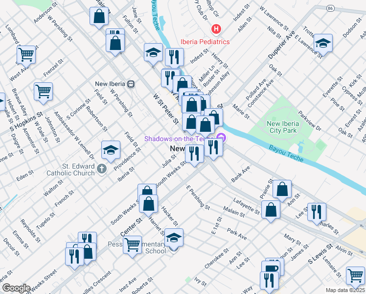 map of restaurants, bars, coffee shops, grocery stores, and more near 137 East Washington Street in New Iberia