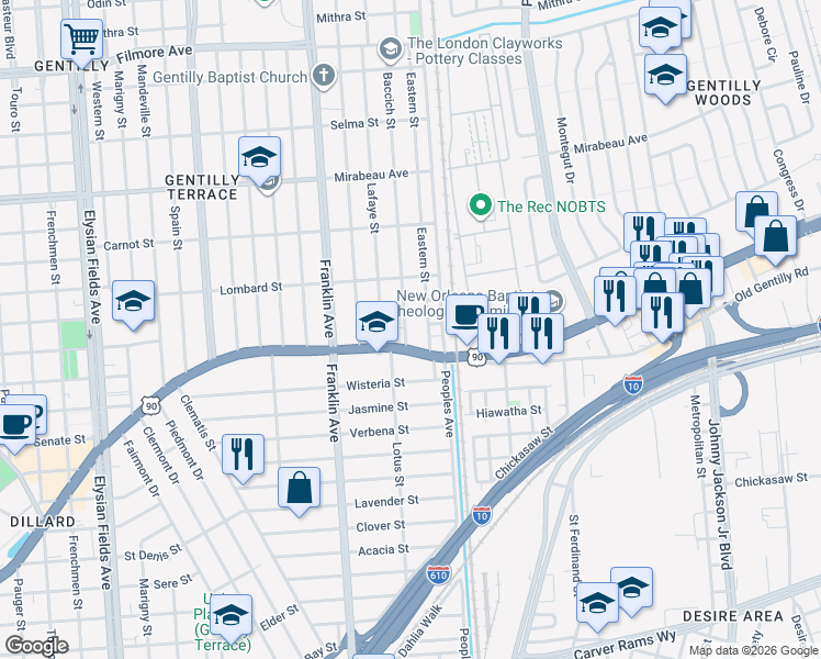 map of restaurants, bars, coffee shops, grocery stores, and more near 3863 Gentilly Boulevard in New Orleans