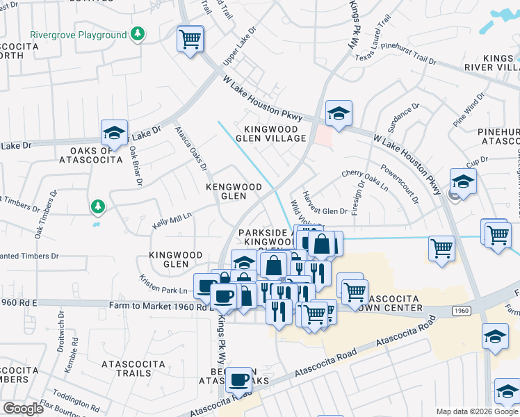 map of restaurants, bars, coffee shops, grocery stores, and more near 6223 Spruce Bough Court in Atascocita