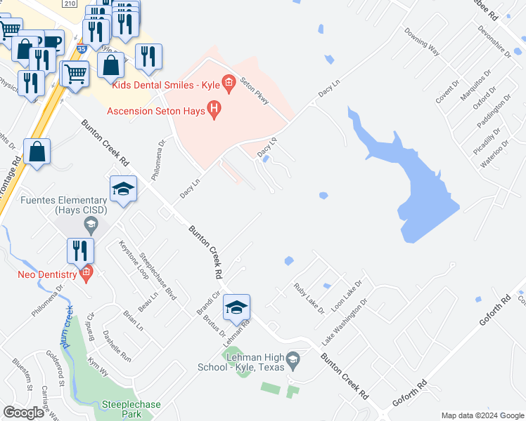 map of restaurants, bars, coffee shops, grocery stores, and more near 1381 Goforth Road in Kyle