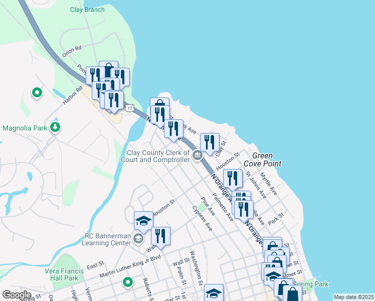 map of restaurants, bars, coffee shops, grocery stores, and more near 901 North Orange Avenue in Green Cove Springs
