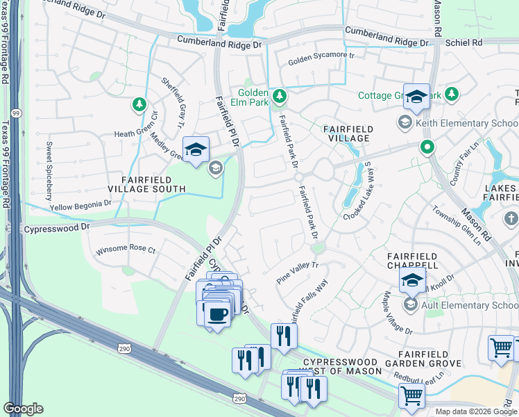 map of restaurants, bars, coffee shops, grocery stores, and more near 15327 Wild Timber Trail in Cypress