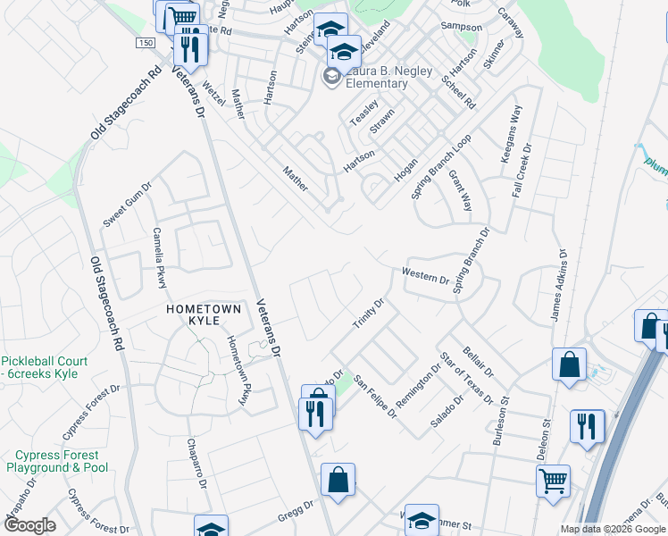 map of restaurants, bars, coffee shops, grocery stores, and more near 294 Bowie Drive in Kyle