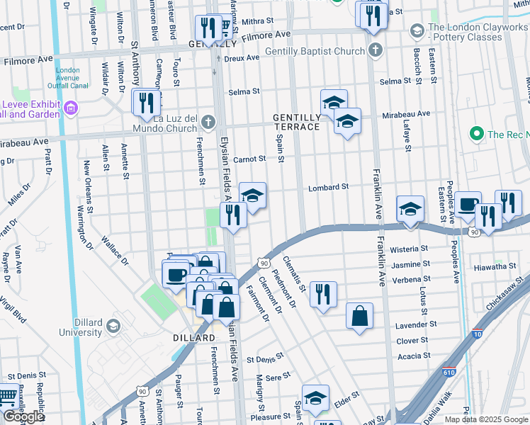 map of restaurants, bars, coffee shops, grocery stores, and more near 3333 Gentilly Boulevard in New Orleans