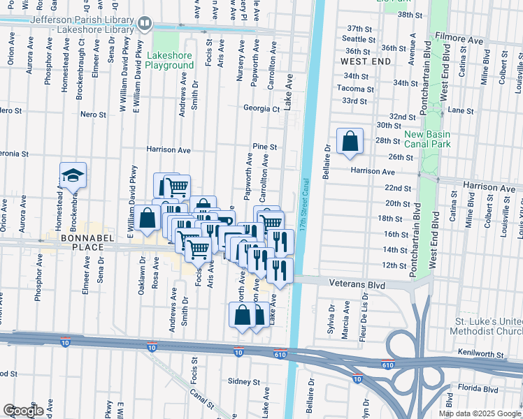 map of restaurants, bars, coffee shops, grocery stores, and more near 1008 Carrollton Avenue in Metairie