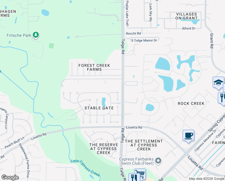 map of restaurants, bars, coffee shops, grocery stores, and more near 15611 Mustang Creek Circle in Cypress