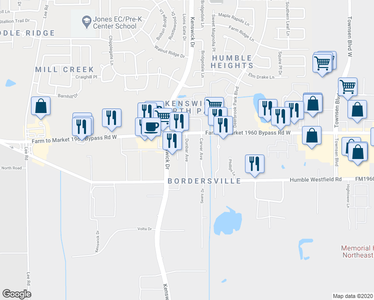 map of restaurants, bars, coffee shops, grocery stores, and more near 19686 Dunbar Avenue in Humble