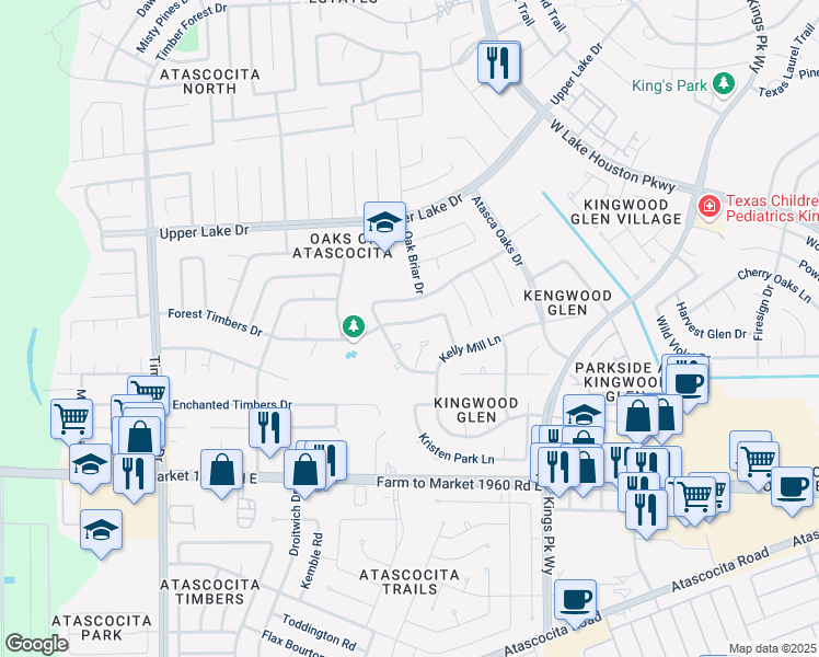 map of restaurants, bars, coffee shops, grocery stores, and more near 5742 Forest Timbers Drive in Humble