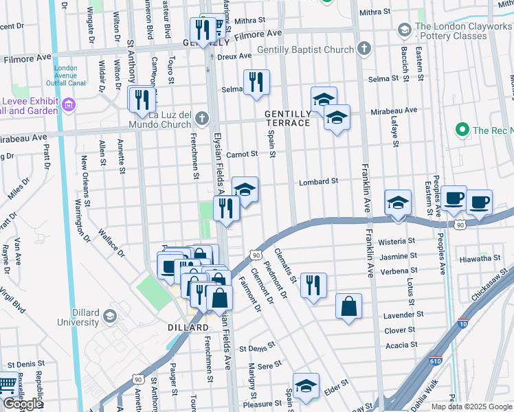 map of restaurants, bars, coffee shops, grocery stores, and more near 3333 Gentilly Boulevard in New Orleans