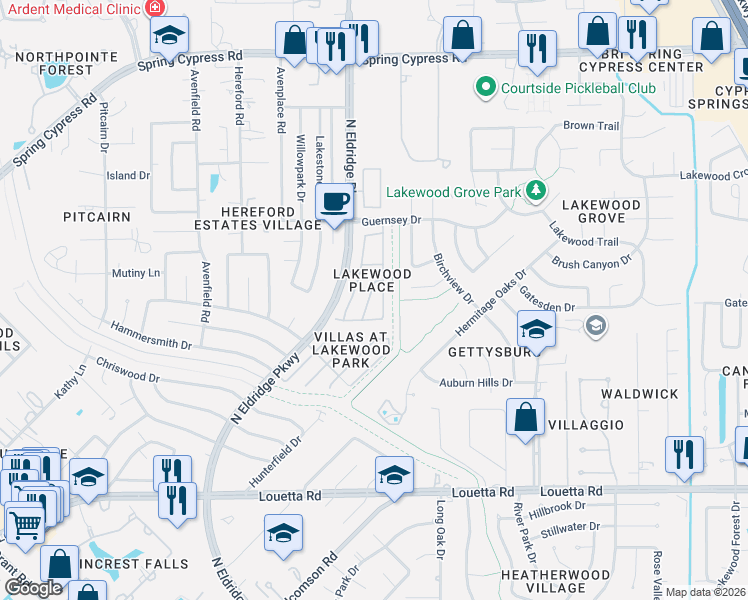 map of restaurants, bars, coffee shops, grocery stores, and more near 12112 Medina Lake Drive in Tomball