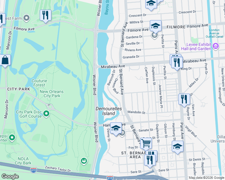 map of restaurants, bars, coffee shops, grocery stores, and more near 4623 Bancroft Drive in New Orleans