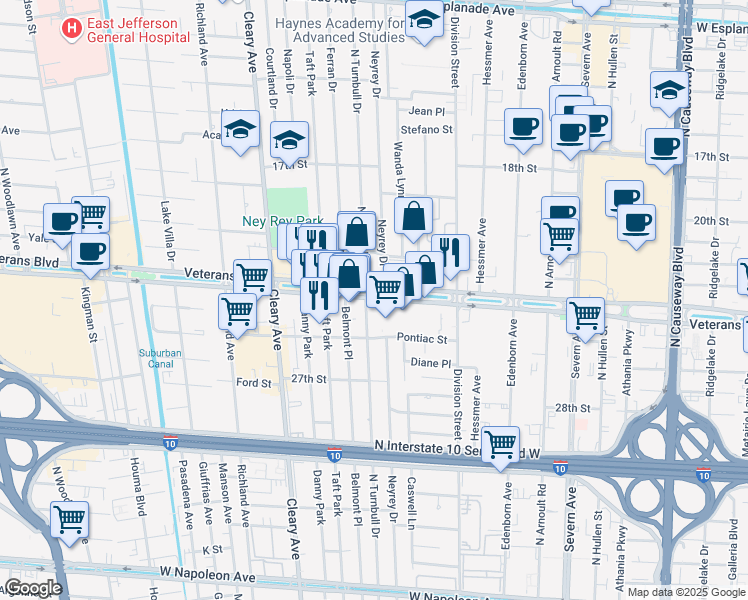 map of restaurants, bars, coffee shops, grocery stores, and more near 3780 Veterans Memorial Boulevard in Metairie