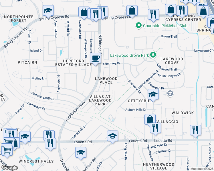 map of restaurants, bars, coffee shops, grocery stores, and more near 16041 Summerville Lake Drive in Tomball