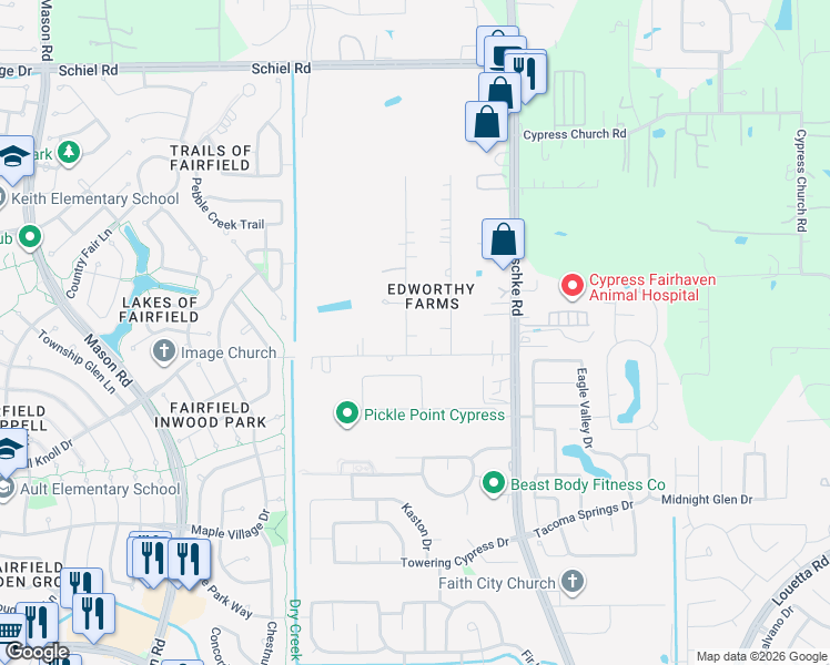 map of restaurants, bars, coffee shops, grocery stores, and more near 15814 Merle Road in Cypress