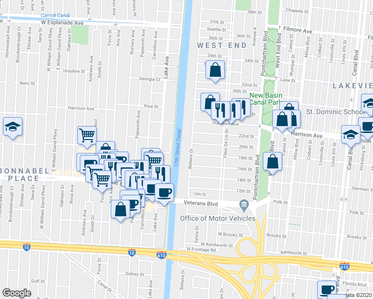 map of restaurants, bars, coffee shops, grocery stores, and more near 6201 Bellaire Drive in New Orleans