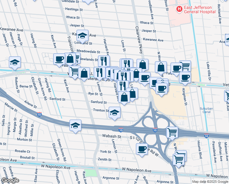 map of restaurants, bars, coffee shops, grocery stores, and more near 4816 Quincy Street in Metairie