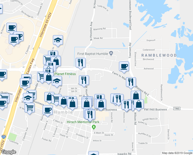map of restaurants, bars, coffee shops, grocery stores, and more near 1386 Farm to Market 1960 Bypass in Humble